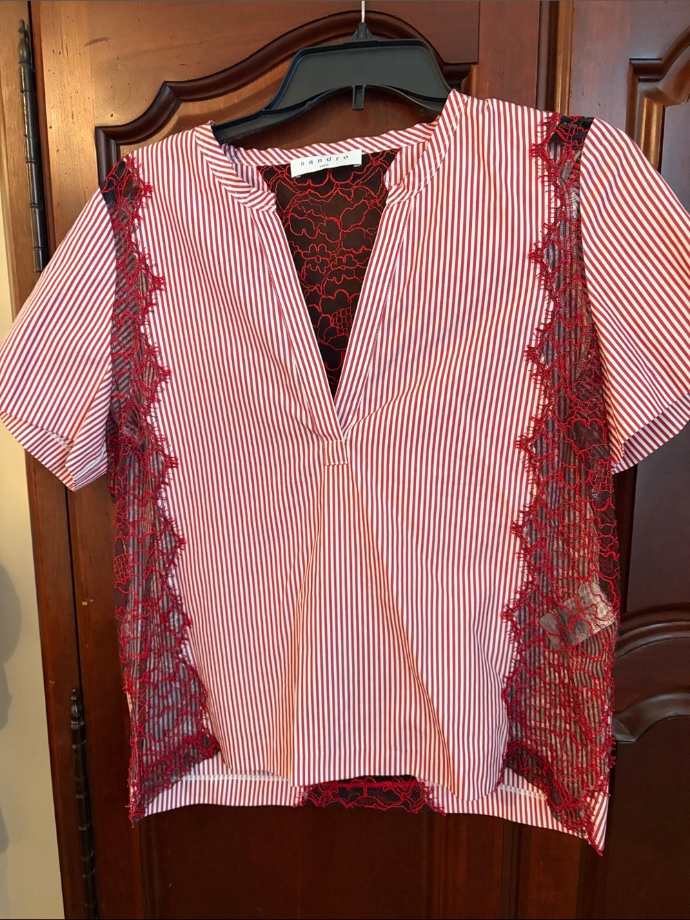 Sandro Red and White Striped Lace-Trim Blouse
